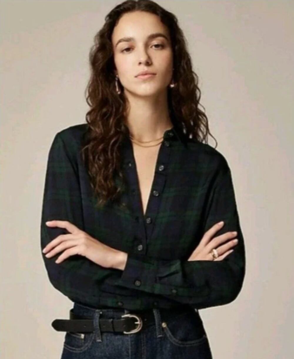 J. Crew Drapey Button-up Shirt in Black Watch Tartan Size XS